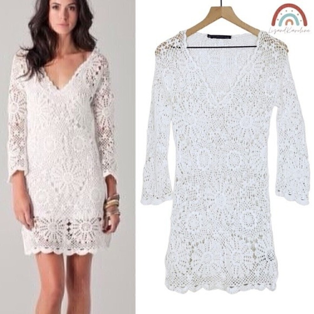 Patterson J. Kincaid Dora Crochet White Floral Tunic Dress Swim Coverup